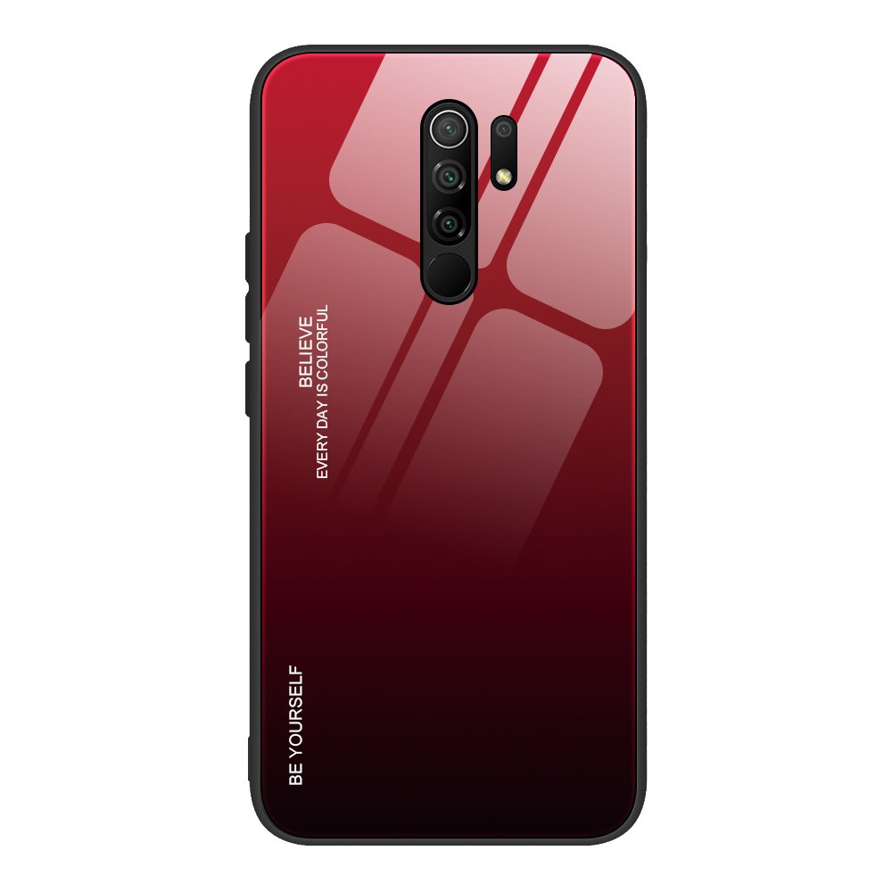 Tampa durável de vidro gradiente com parte traseira de vidro temperado Xiaomi Redmi 9 preto-vermelho
