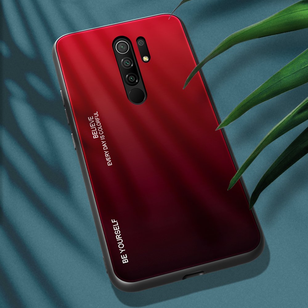 Tampa durável de vidro gradiente com parte traseira de vidro temperado Xiaomi Redmi 9 preto-vermelho