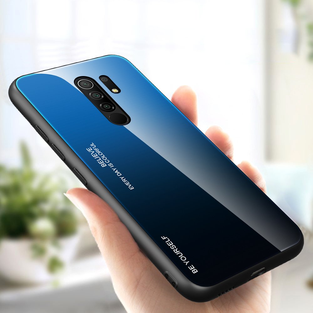 Tampa durável de vidro gradiente com parte traseira de vidro temperado Xiaomi Redmi 9 preto-azul