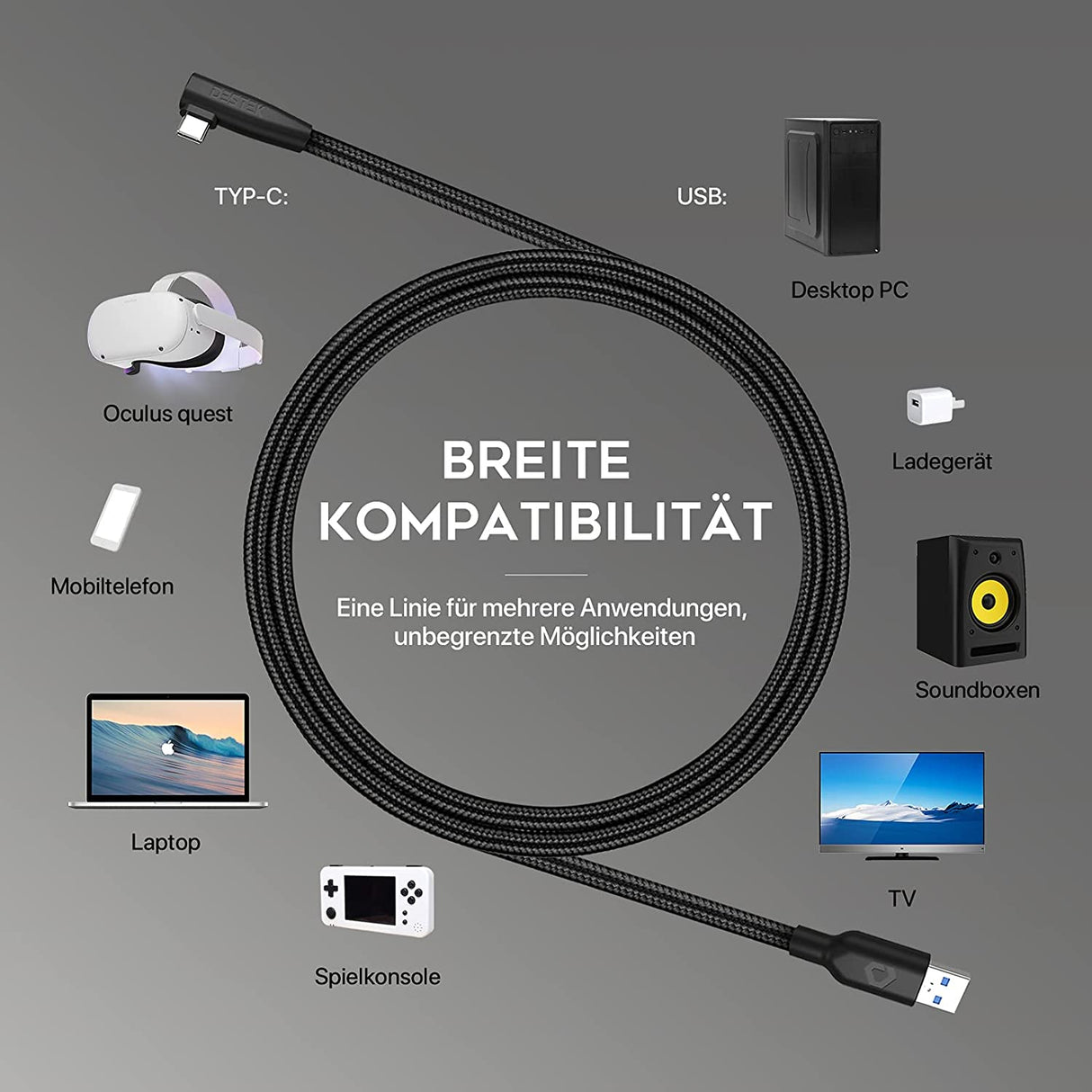 DESTEK Cabo USB de dados 5 m Compativel com Oculus Meta Quest 2 - Oculus Quest Link Steam VR