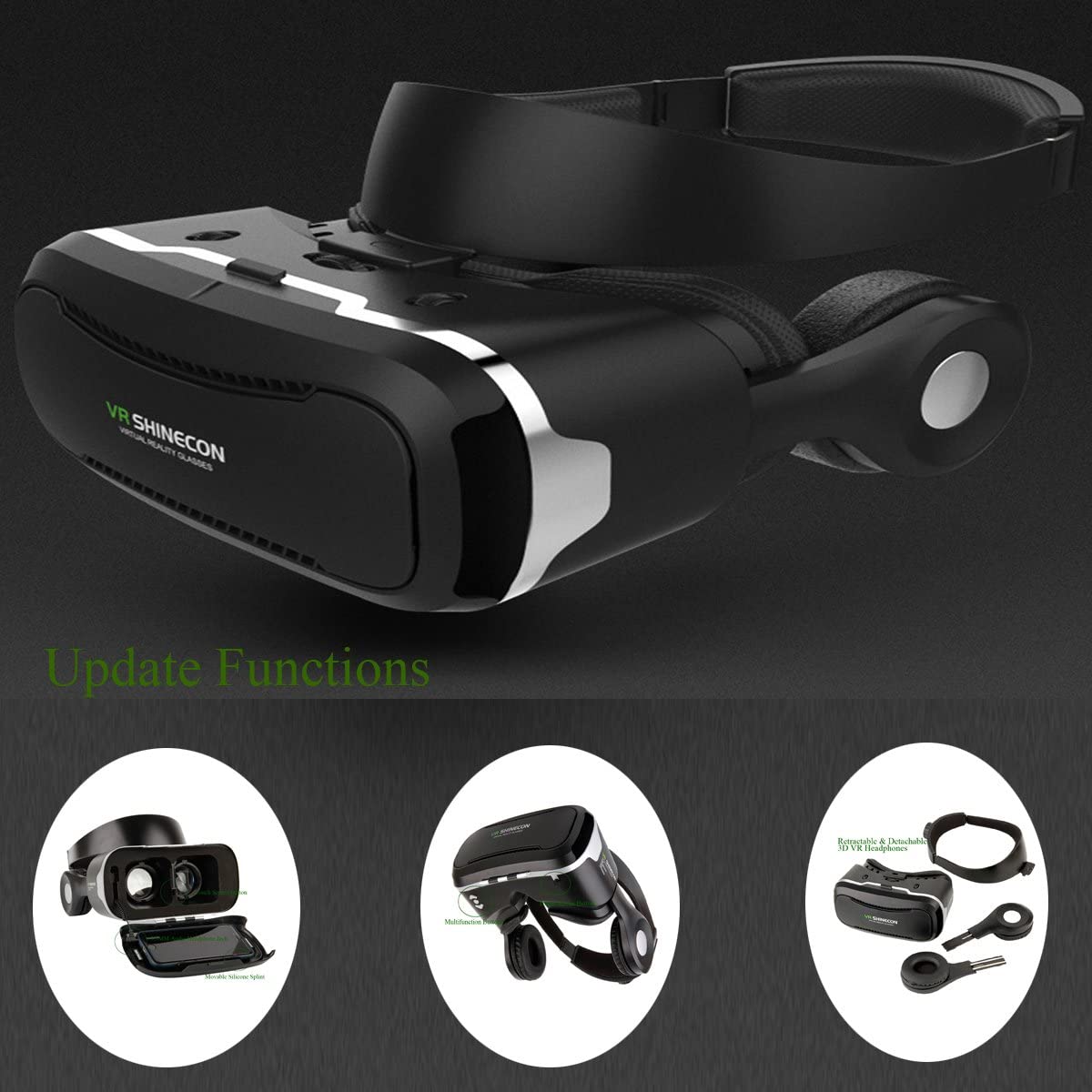 Shinecon Óculos de Realidade Virtual VR 3D com Auscultadores (Preto) + Comando