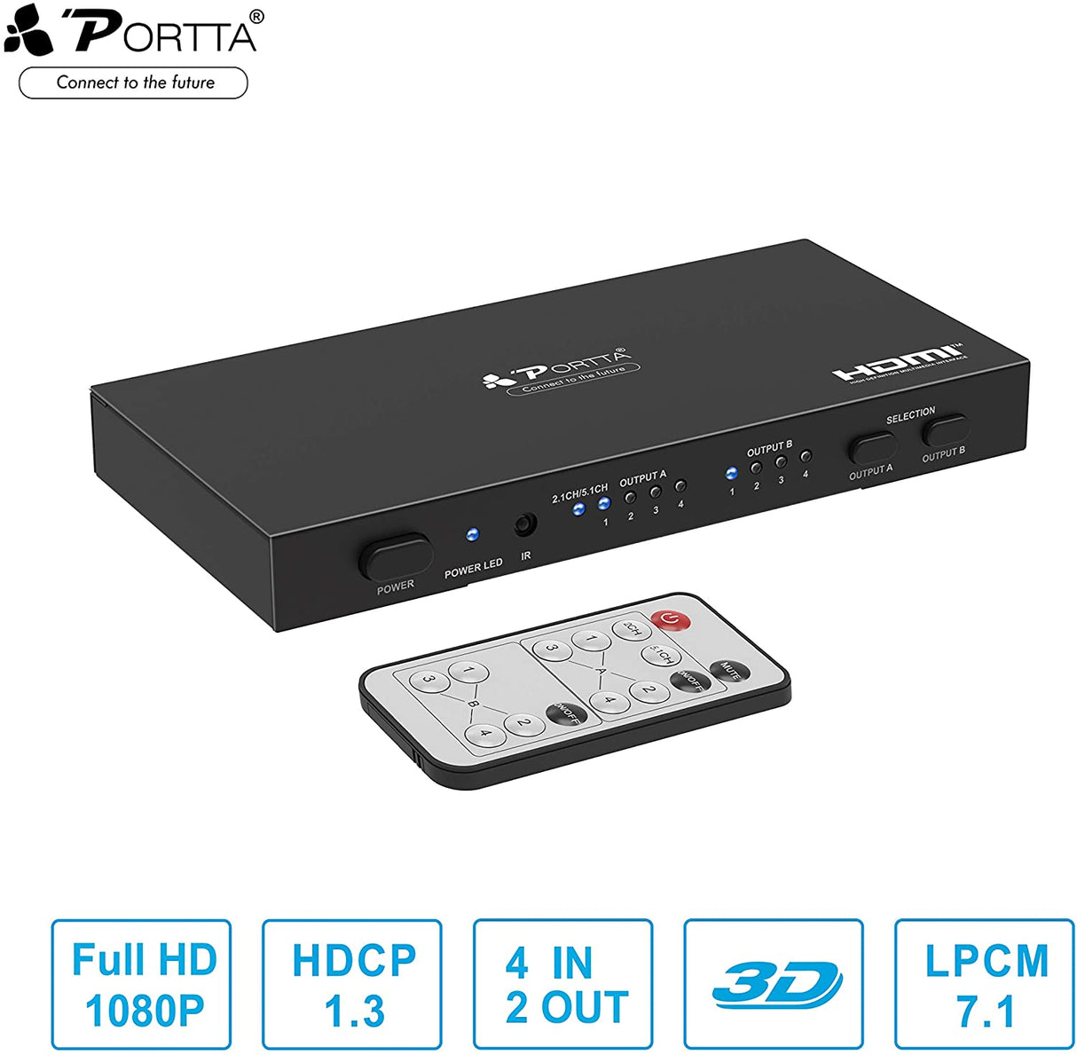 Portta 4 em 2 SPDIF/Toslink Digital Optical Matrix 4x2 Audio Switch Splitter Matrix com Comando IR