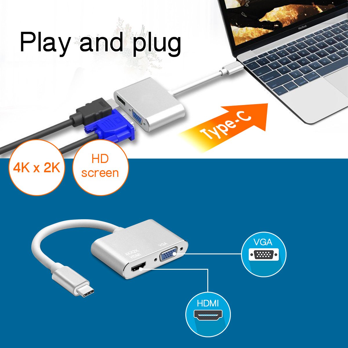 Adaptador Converter USB-C para HDMI + VGA 2k/4k - Multi4you®