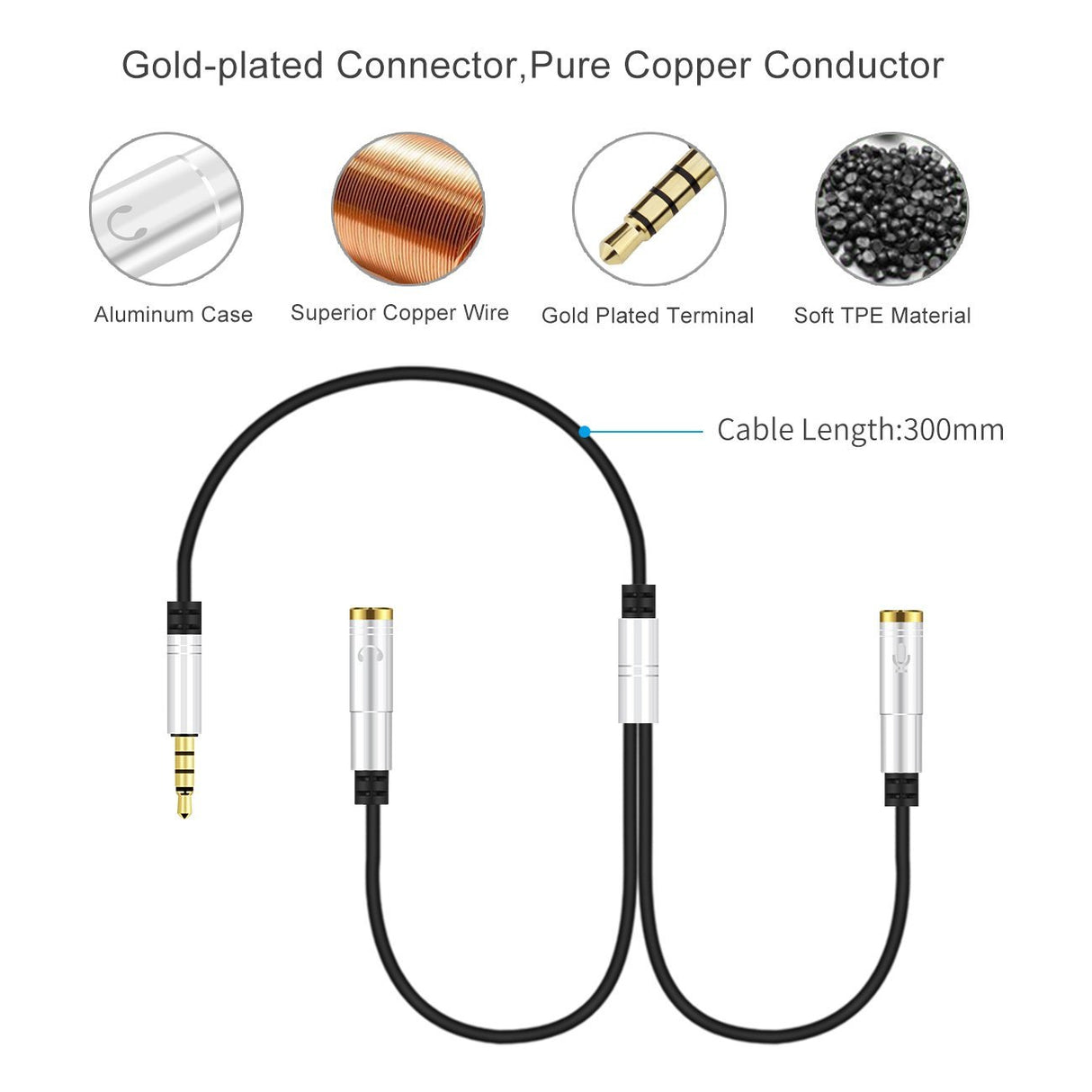 Cabo Jack 3,5mm Macho para 2 Fêmeas - Microfone / Headphone (Cinzento) - Multi4you®