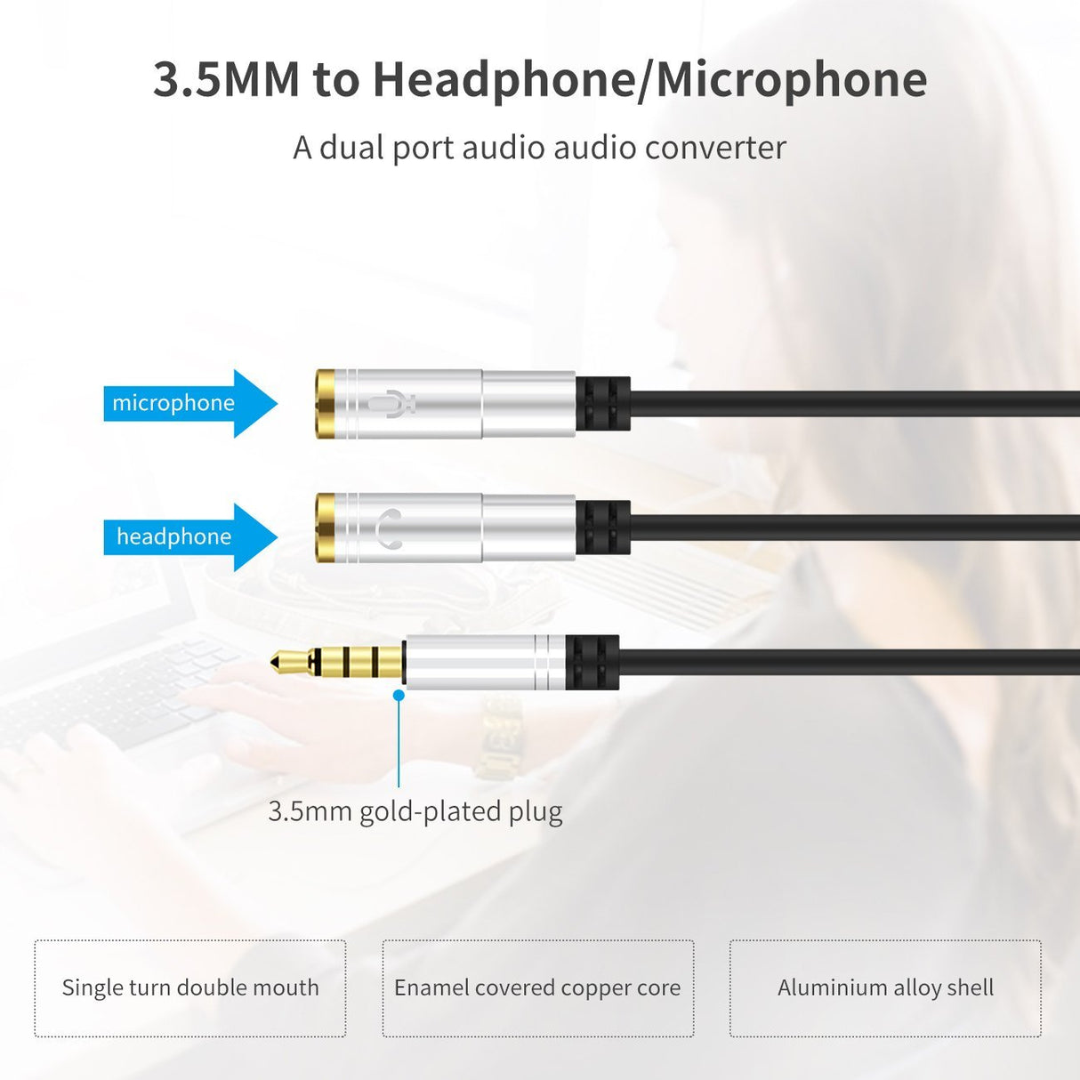 Cabo Jack 3,5mm Macho para 2 Fêmeas - Microfone / Headphone (Cinzento) - Multi4you®