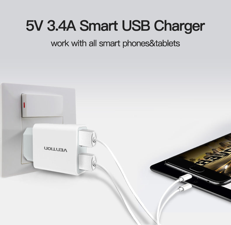 Carregador Vention de Viagem com Duplo USB (5v / 1A - 2,4A)