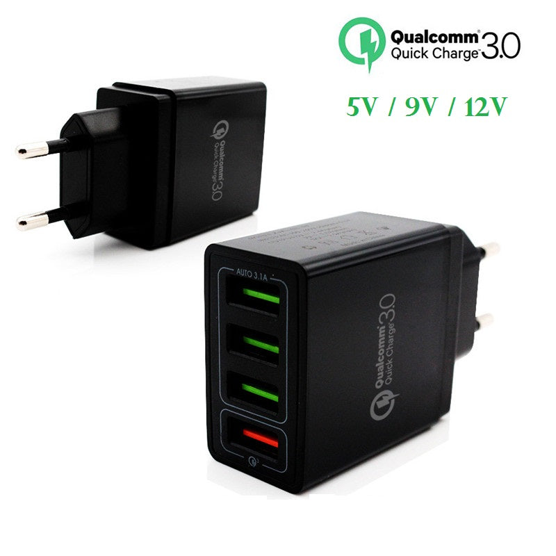 Carregador de Viagem 4 USB Carga Rápida Qualcomm 3.0 5V/9V/12V para Smartphone / Tablet (Preto) - Multi4you®