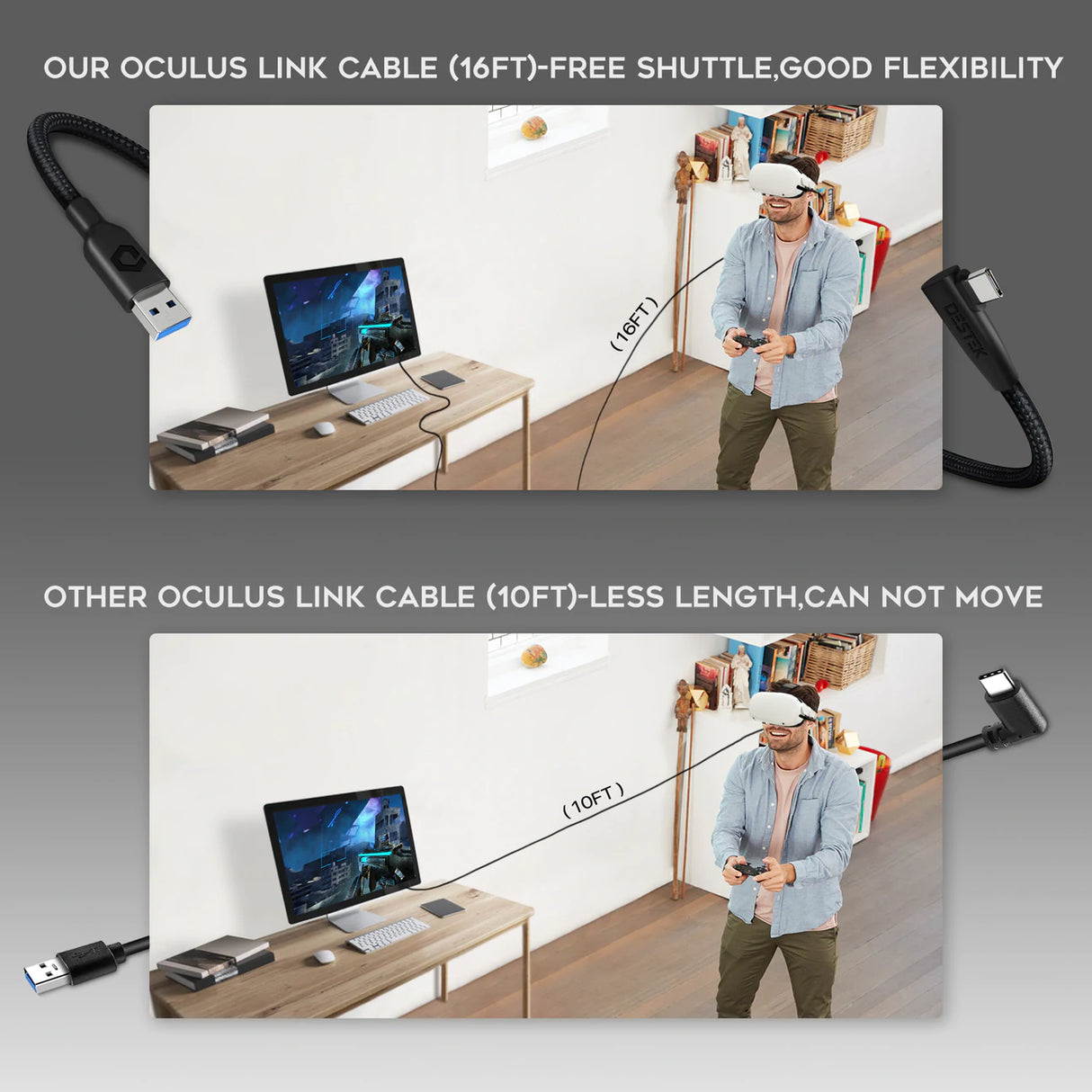 DESTEK Cabo USB de dados 5 m Compativel com Oculus Meta Quest 2 - Oculus Quest Link Steam VR