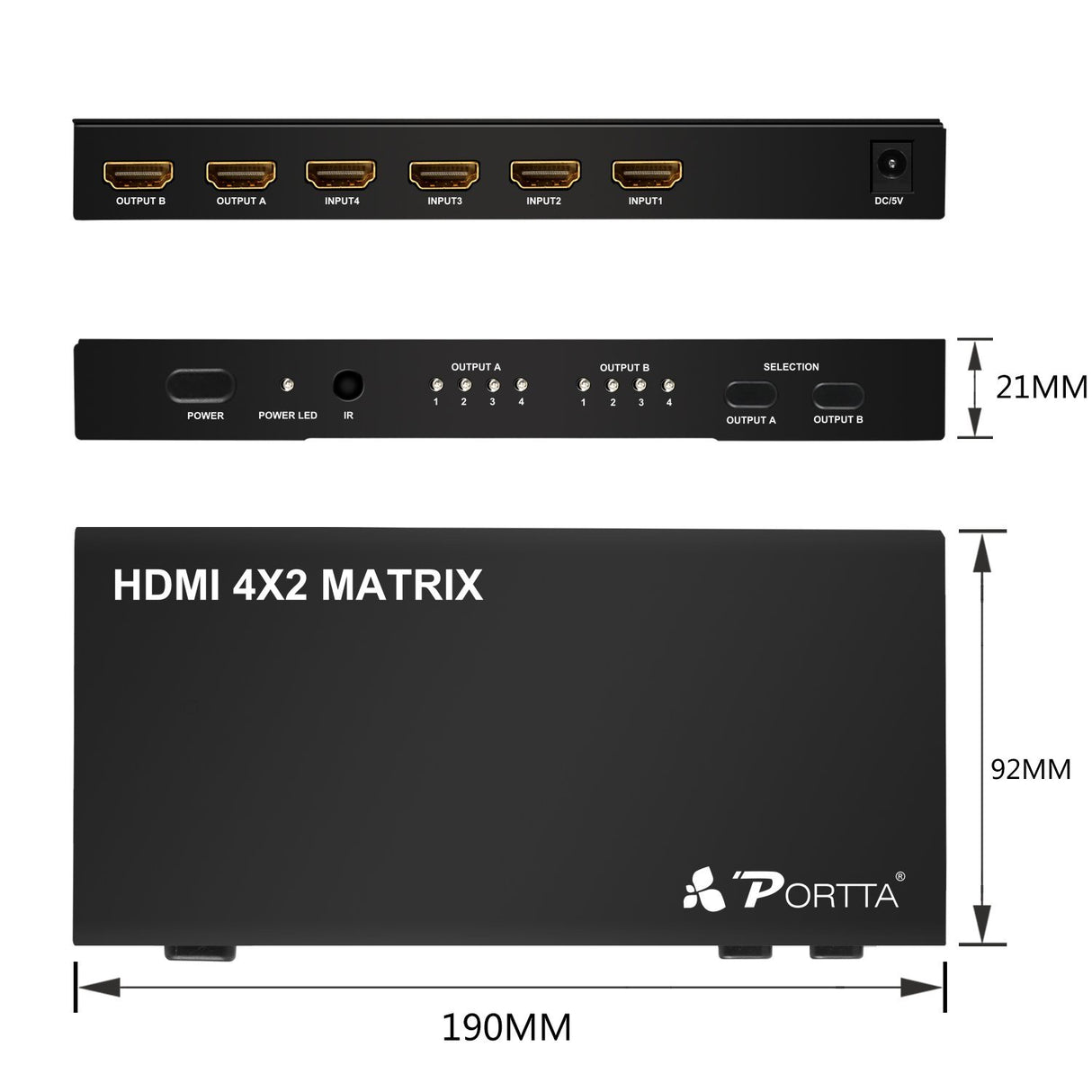 Portta Matrix 4 X 2 HDMI Áudio & Vídeo Premium - 4 Entradas 2 Saídas (Switch + Splitter)