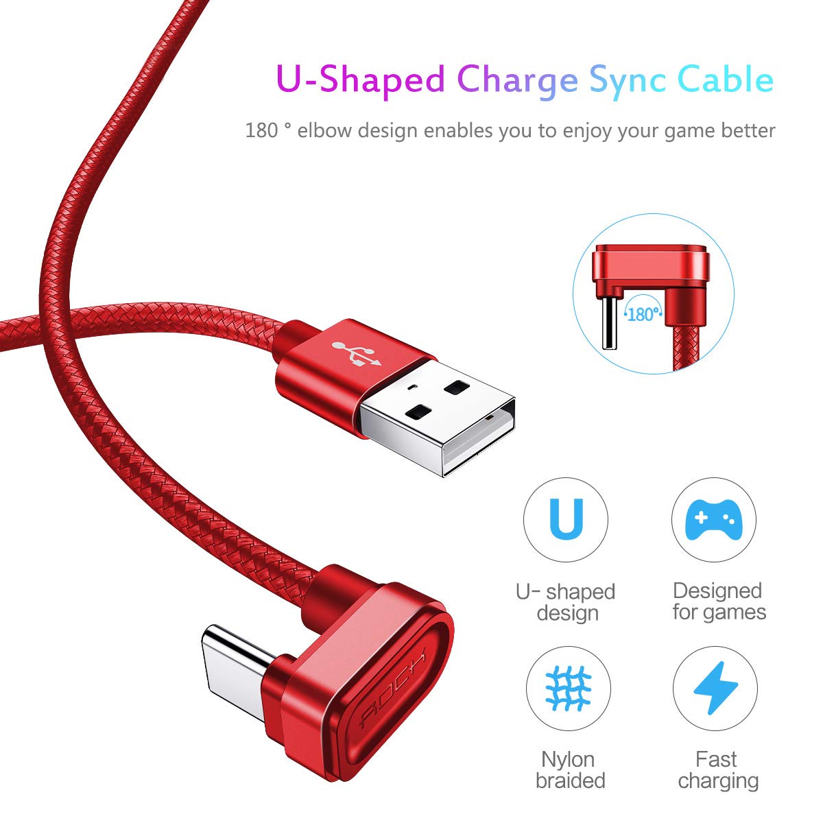 Rock® - Cabo USB-C 180 Graus Nylon Trançado Ultra Resistente - Vermelho
