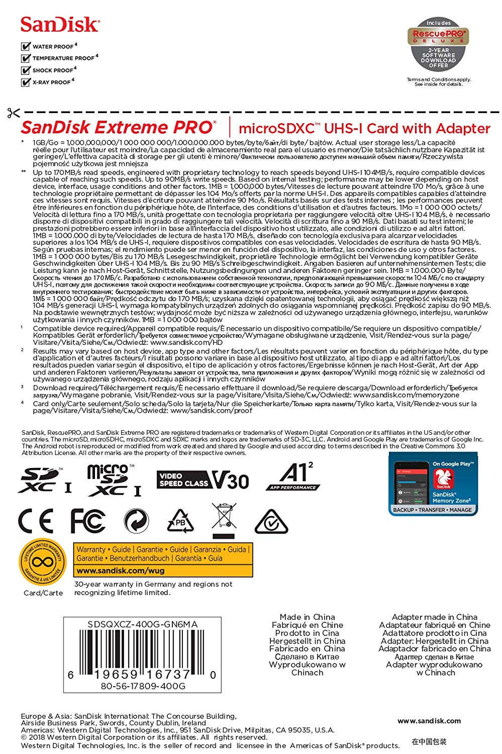 SanDisk Extreme Pro 400 GB microSDXC Pro Deluxe 170 MB/s Class 10