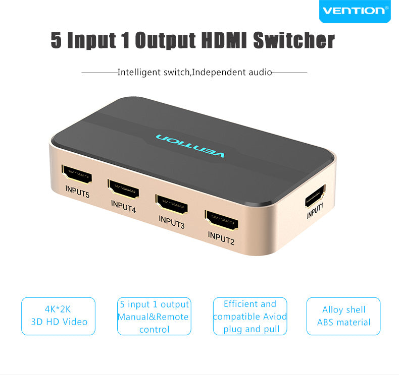 Switch Vention HDMI 5 x 1 HDTV 4k 2K com Áudio e Alimentação com Comando