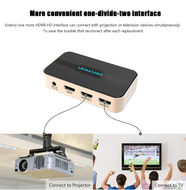 Splitter Vention HDMI 1 x 2 HDTV 4k 2K com Alimentação 1 in 2 out