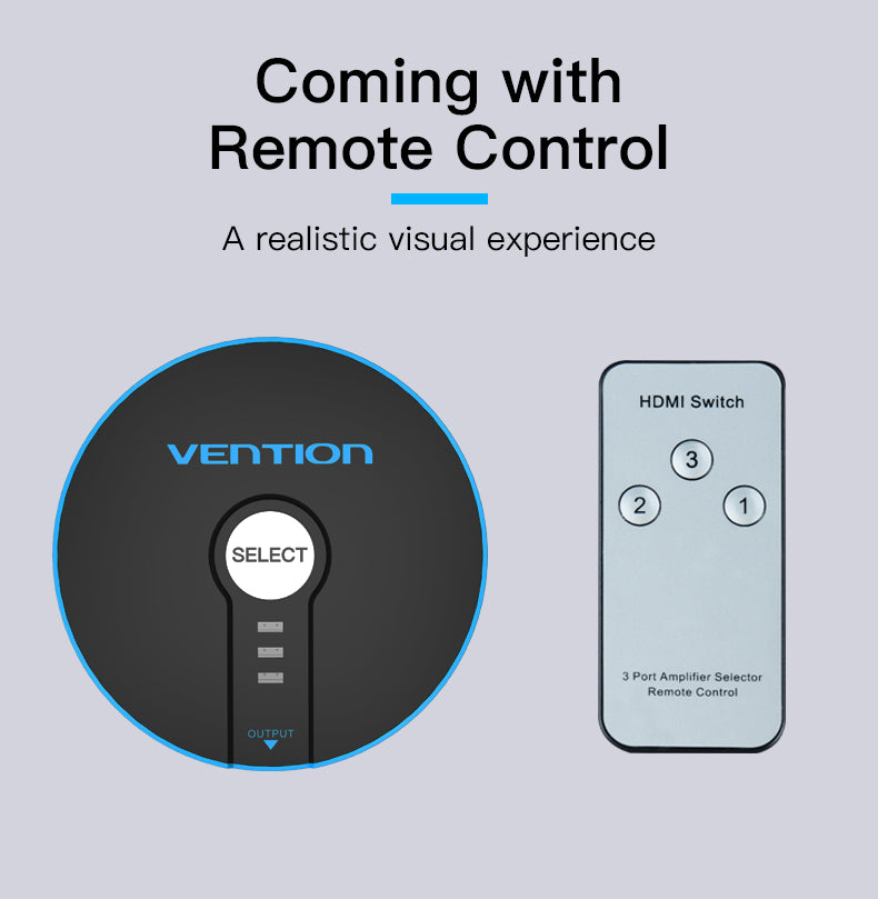 Switch Vention HDMI 3 x 1 HDTV 4k 2K com Áudio e Alimentação Com Comando