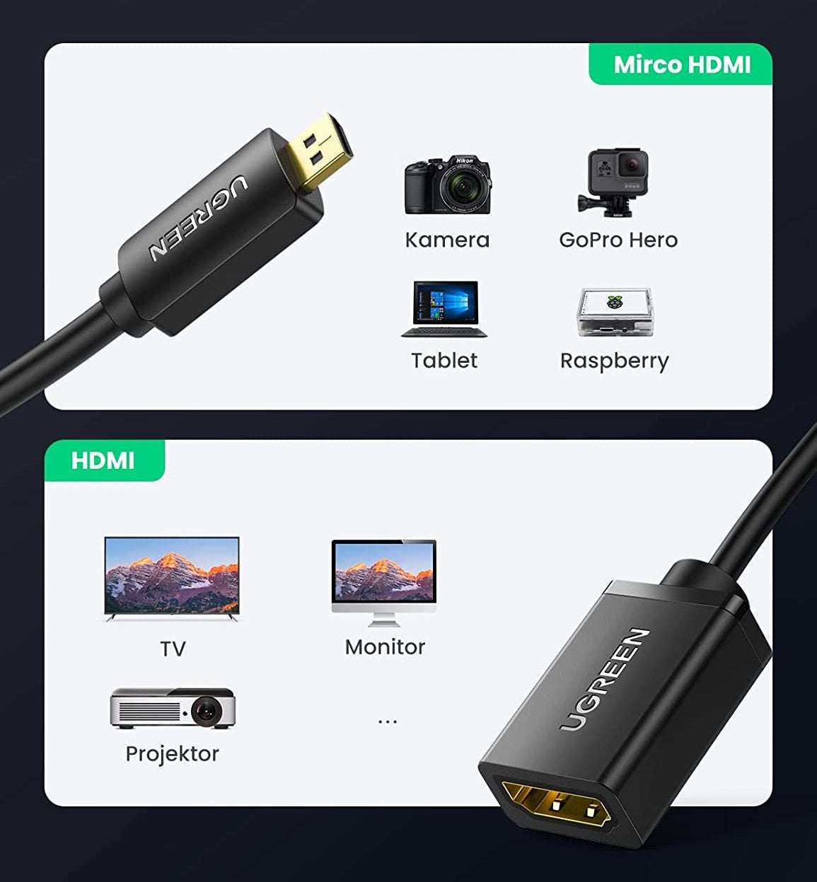 Ugreen Adaptador Micro HDMI Macho para HDMI Femea 3D 4K - 20cm
