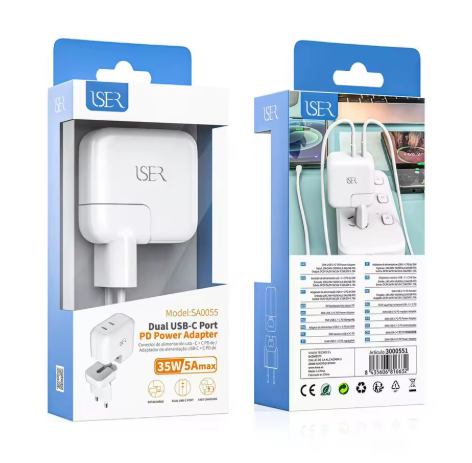 Carregador ISER SA0055 USB-C Duplo 35W | 5A | Branco