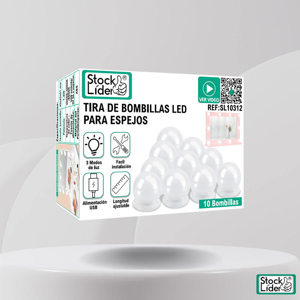 Tira de Lâmpadas LED para Espelho | 10 Bombillas | 3 Modos de Luz | USB