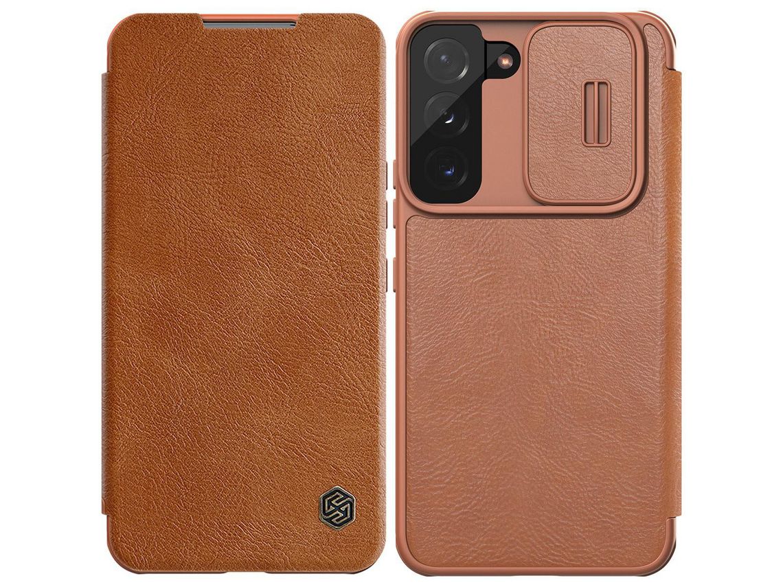 Capa de Couro Sintético NILLKIN Qin Pro para Samsung Galaxy S22 (Flip) – Proteção de Câmara – Castanho