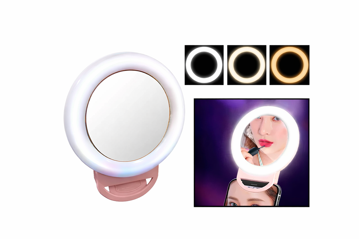 Mini Ring Light RGB Multicor com Espelho para Telemóvel – Recarregável e Portátil