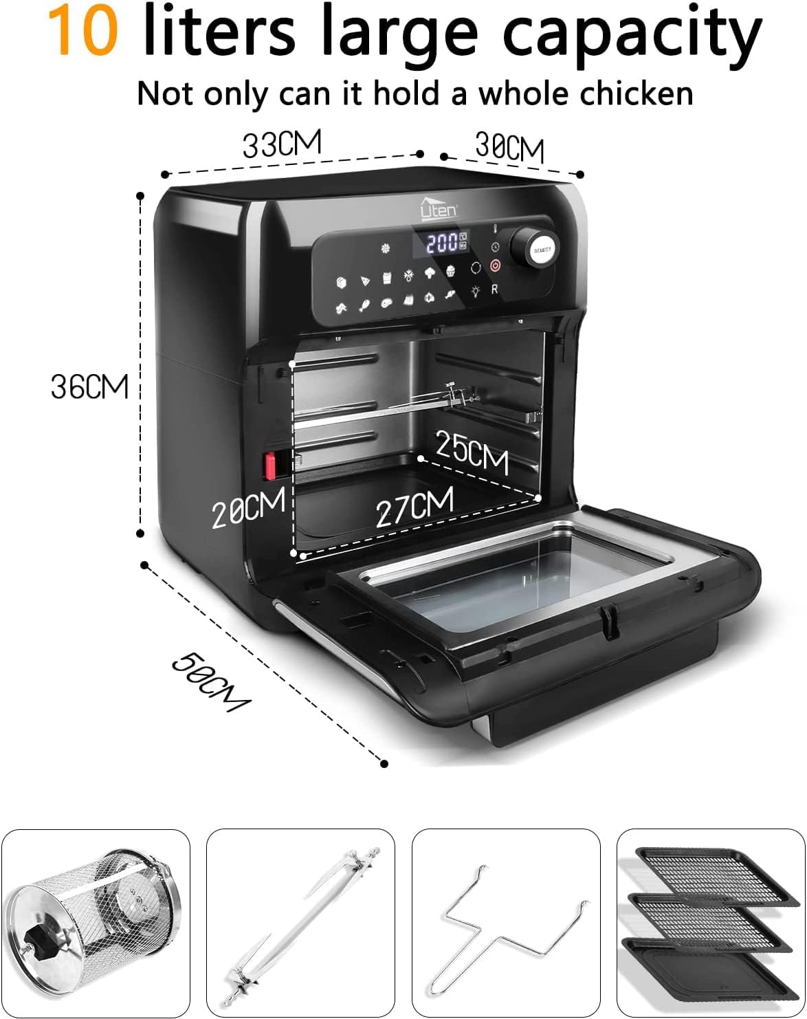 Fritadeira Sem Óleo Forno Air Fryer 10L 1500W com 12 Programas, Ecrã LED e Acessórios