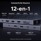 UGREEN Revodok Pro 3121 – Docking Station USB-C 12 em 1 | 2x HDMI 4K@60Hz + DP 4K@120Hz | 10Gbps | PD 100W | Ethernet | SD/TF | Áudio 3,5mm