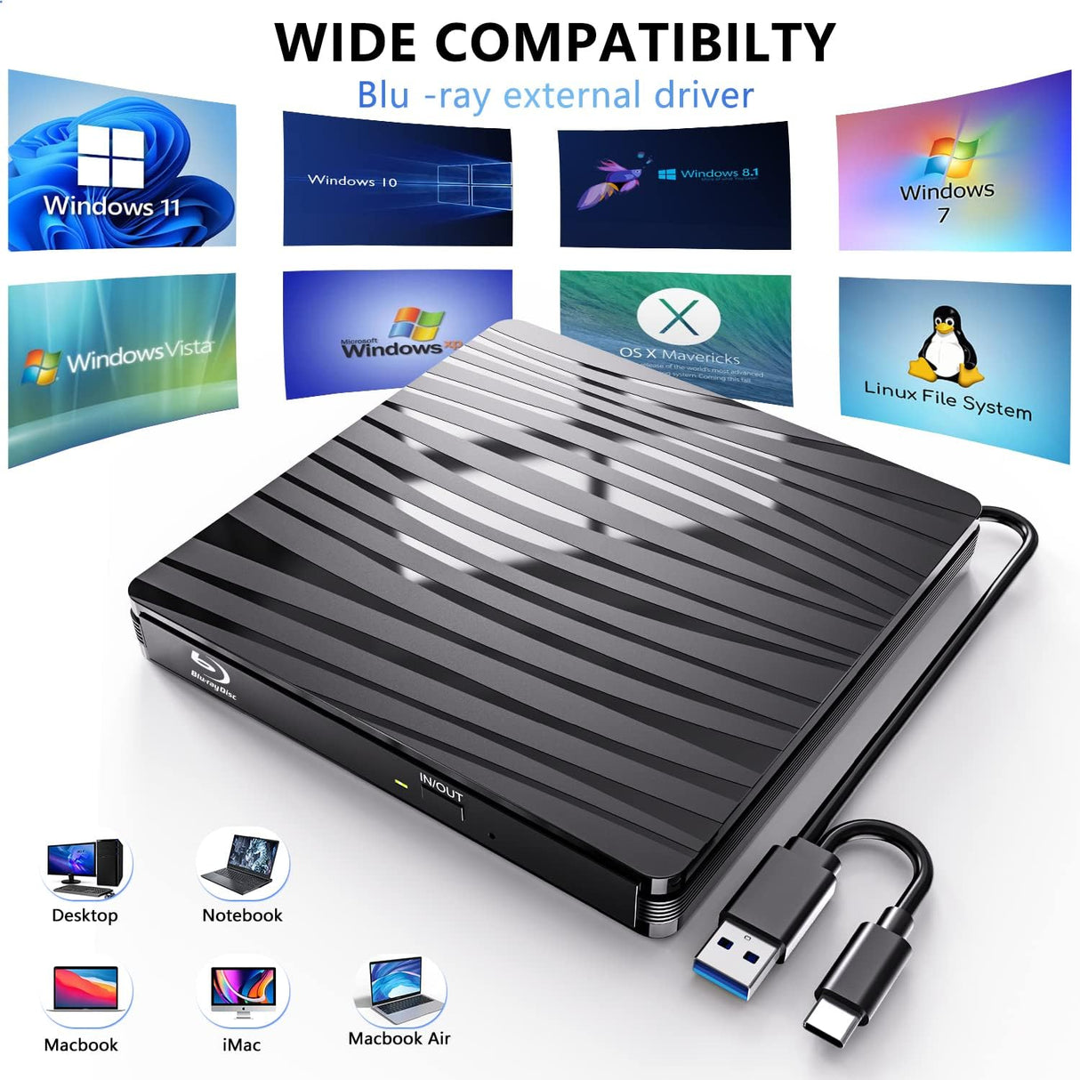 Gravador e Leitor Externo Blu-ray Archgon – USB 3.0, Compatível com Windows e Mac, Design Premium em Alumínio