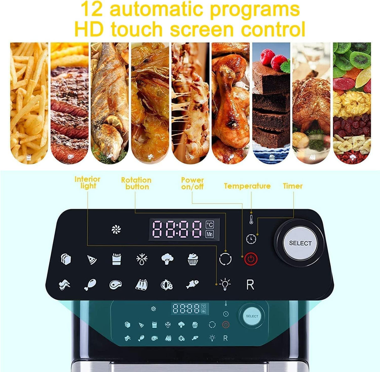 Fritadeira Sem Óleo Forno Air Fryer 10L 1500W com 12 Programas, Ecrã LED e Acessórios