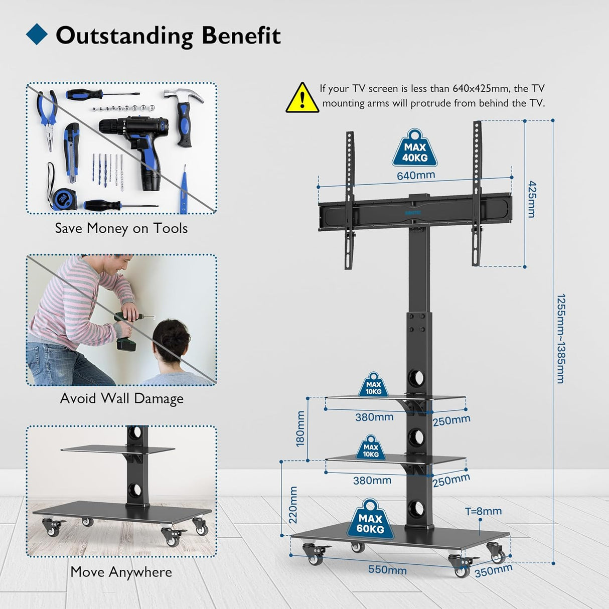 Suporte TV chão Móvel com rodas 32" - 85" - 60kg