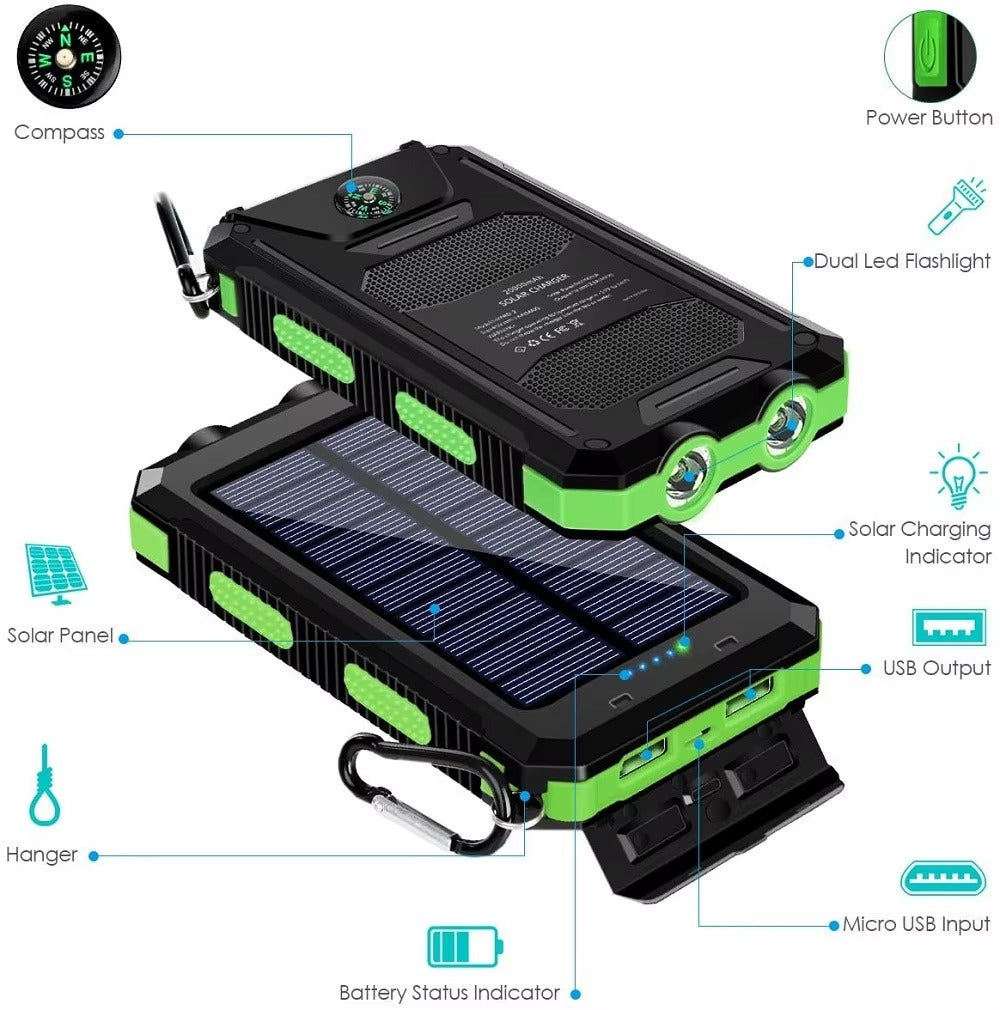 Power Bank Solar 10000mAh com Lanterna LED e Bússola