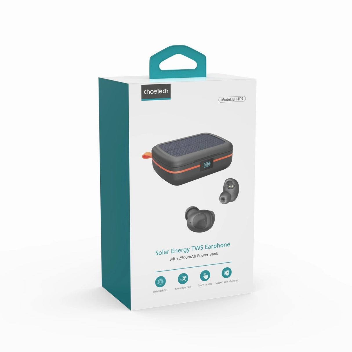 Fones de Ouvido TWS Sem Fio Choetech à Prova d'Água com Painel Solar e Powerbank Integrado de 2500mAh - Preto (BH-T05)