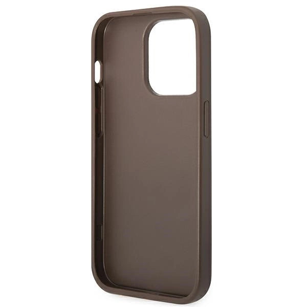 Capa rígida castanho para iPhone 14 Pro 6,1" Guess GUHCP14LG4GLBR da coleção 4G Stripe.