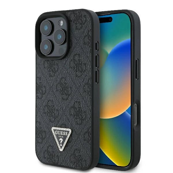 Capa Guess Leather 4G Triangle Strass MagSafe para iPhone 16 Pro Max - Preto