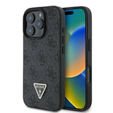 Capa Guess Leather 4G Triangle Strass MagSafe para iPhone 16 Pro Max - Preto