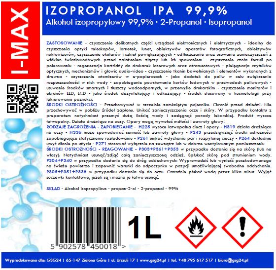 Álcool isopropílico Isopropanol IPA I-MAX 99,9% 1L