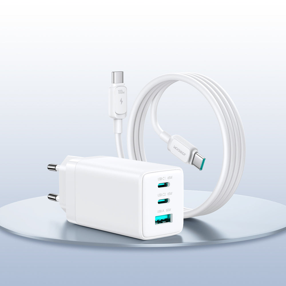 Carregador de Parede Joyroom JR-TG10 65W GaN 2x USB-C + USB-A com cabo USB-C 1,2m 100W - Branco