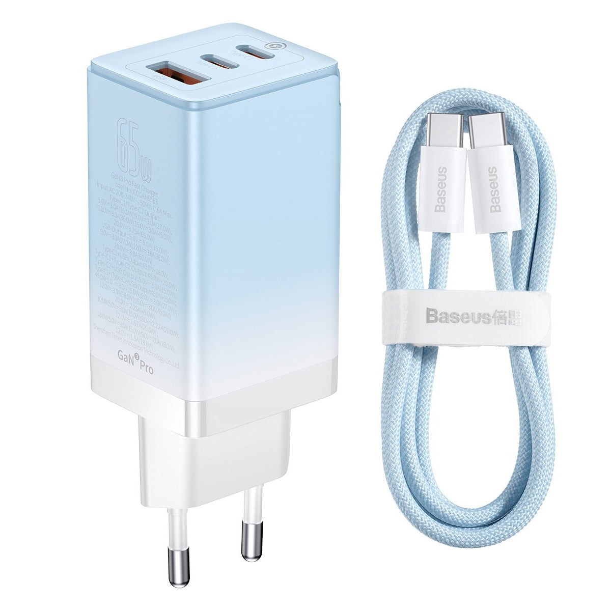 Baseus carregador de rede rápido GaN 2 x USB Tipo C / USB 65W QC PD azul (CCGP050103) + cabo de carregamento rápido USB Tipo C 100W 1m azul
