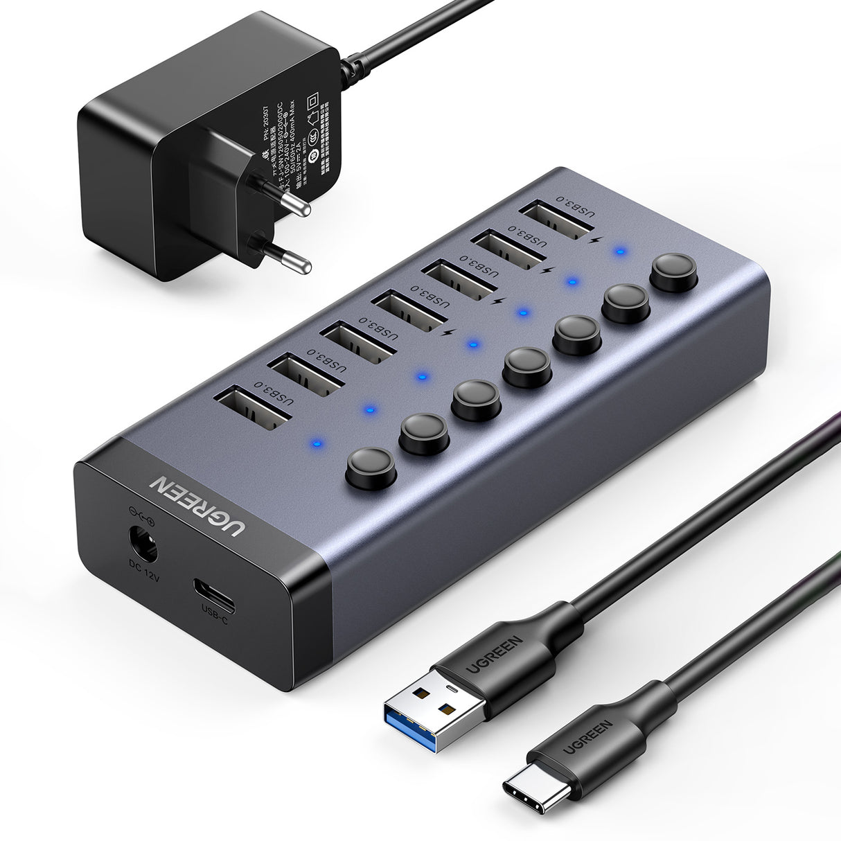 Ugreen Hub Multifuncional 7 em 1 USB Tipo C - 7x USB Tipo A 3.0 PD DC 12V cinza (CM481)