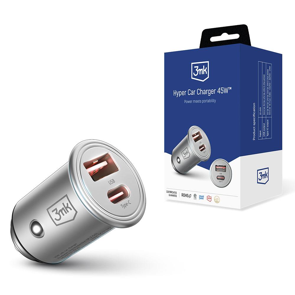Carregador de carro 3mk Hyper Car Charger 45W USB-C USB-A - prateado