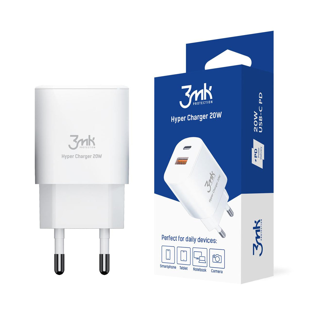 Carregador de rede 3mk Hyper Charger 20W USB-C USB-A - branco