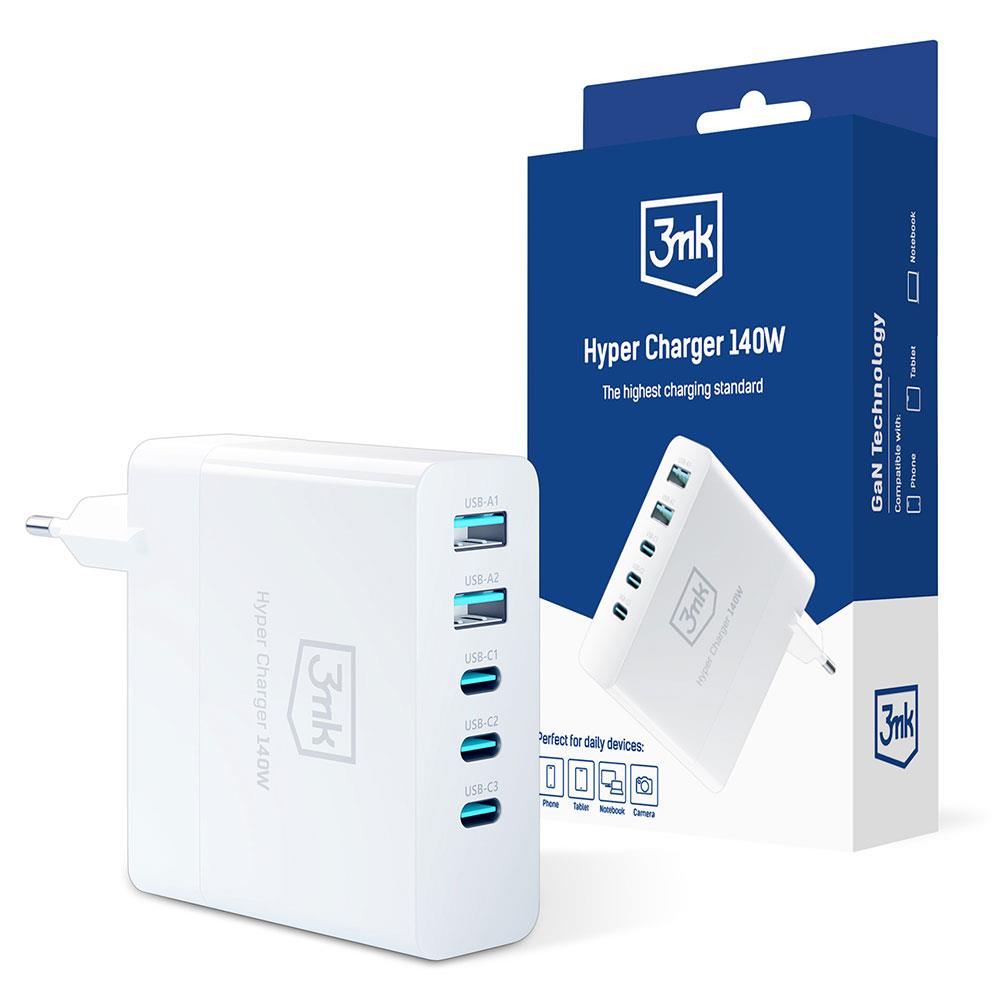 Carregador de rede 3mk Hyper Charger GaN 140W 3x USB-C 2x USB-A - branco