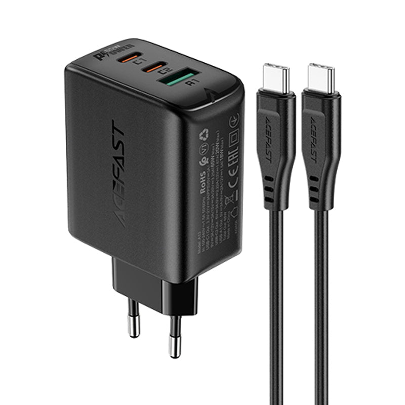 Carregador de rede Acefast 2 em 1 com 2x USB-C / USB-A 65W, PD, QC 3.0, AFC, FCP (acompanha cabo USB-C de 1.2m) preto (A13 preto)