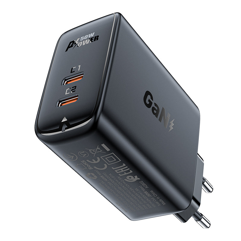 Carregador duplo Acefast A29 PD50W GaN (USB-C+USB-C) na cor preta