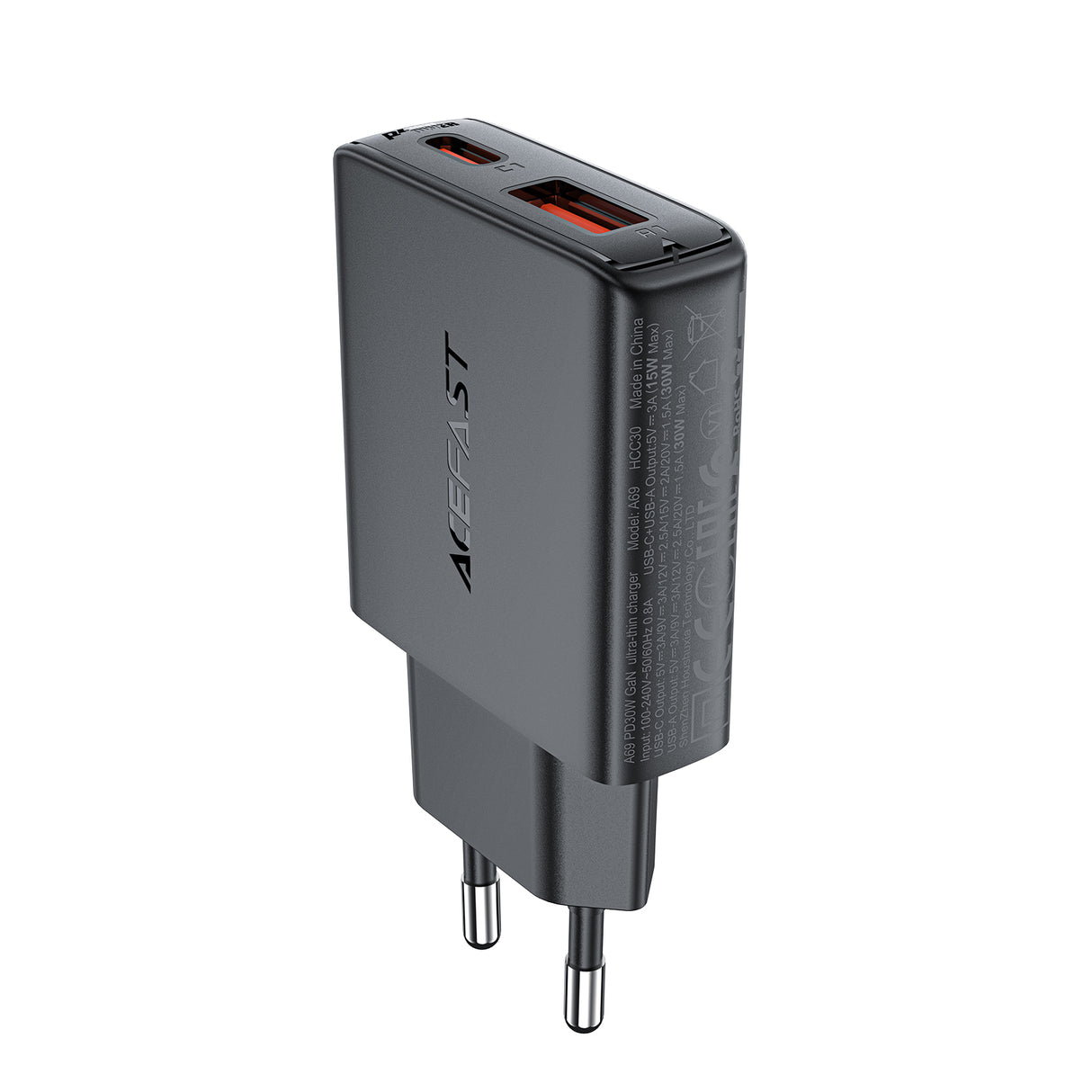 Carregador de rede Acefast A69 PD 30W GaN USB-A USB-C - preto