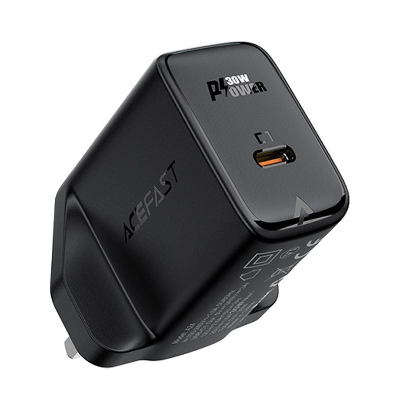 Acefast Carregador de Rede GaN (plugue UK) USB Tipo C 30W, Power Delivery, PPS, Q3 3.0, AFC, FCP preto (A24 UK preto)