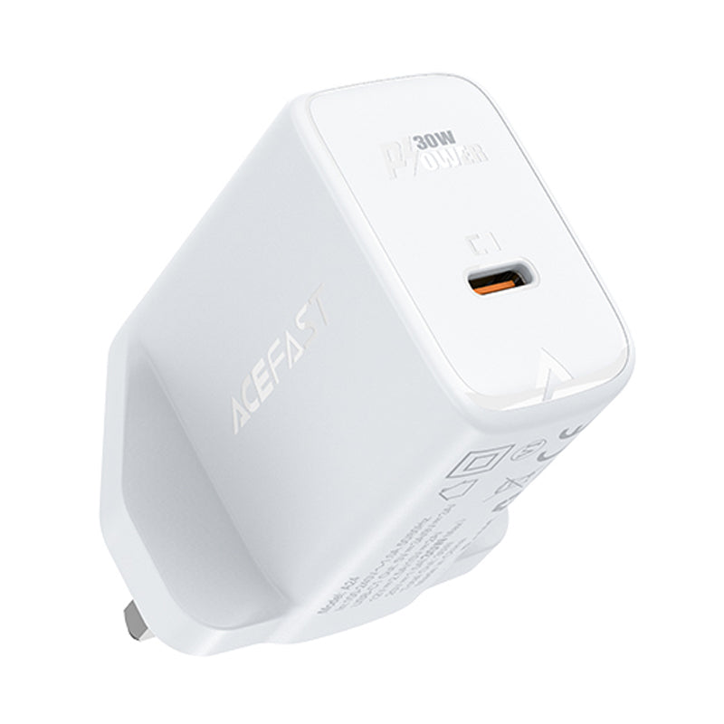 Acefast Carregador de Rede GaN (plugue UK) USB Tipo C 30W, Power Delivery, PPS, Q3 3.0, AFC, FCP branco (A24 UK branco)