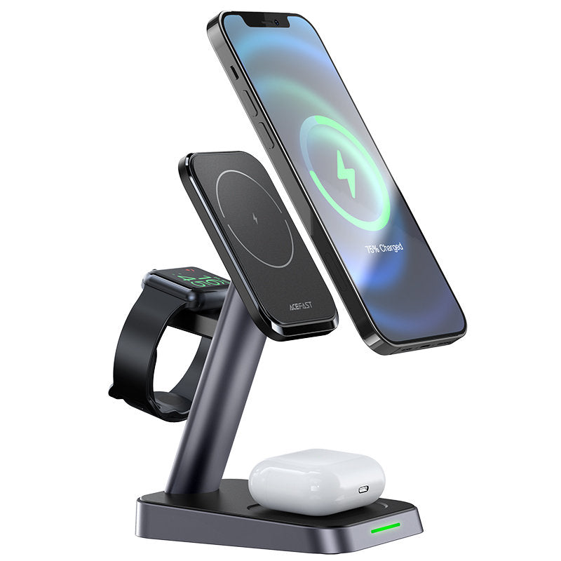Acefast carregador sem fio Qi 15W para iPhone (com MagSafe), Apple Watch e Apple AirPods suporte base magnética preto (E3 preto)