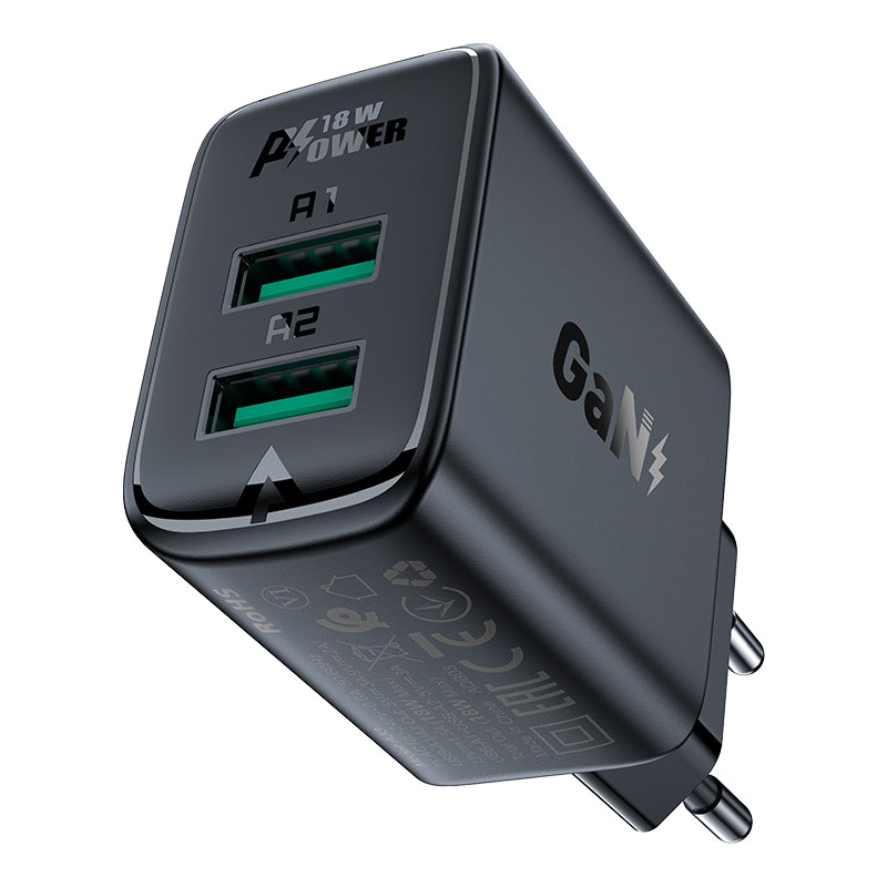 Acefast Carregador de rede 2x USB 18W QC 3.0, AFC, FCP preto (A33 preto)