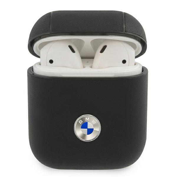Etui BMW em Couro Legítimo com Logo Prateado para AirPods 1/2 - preto