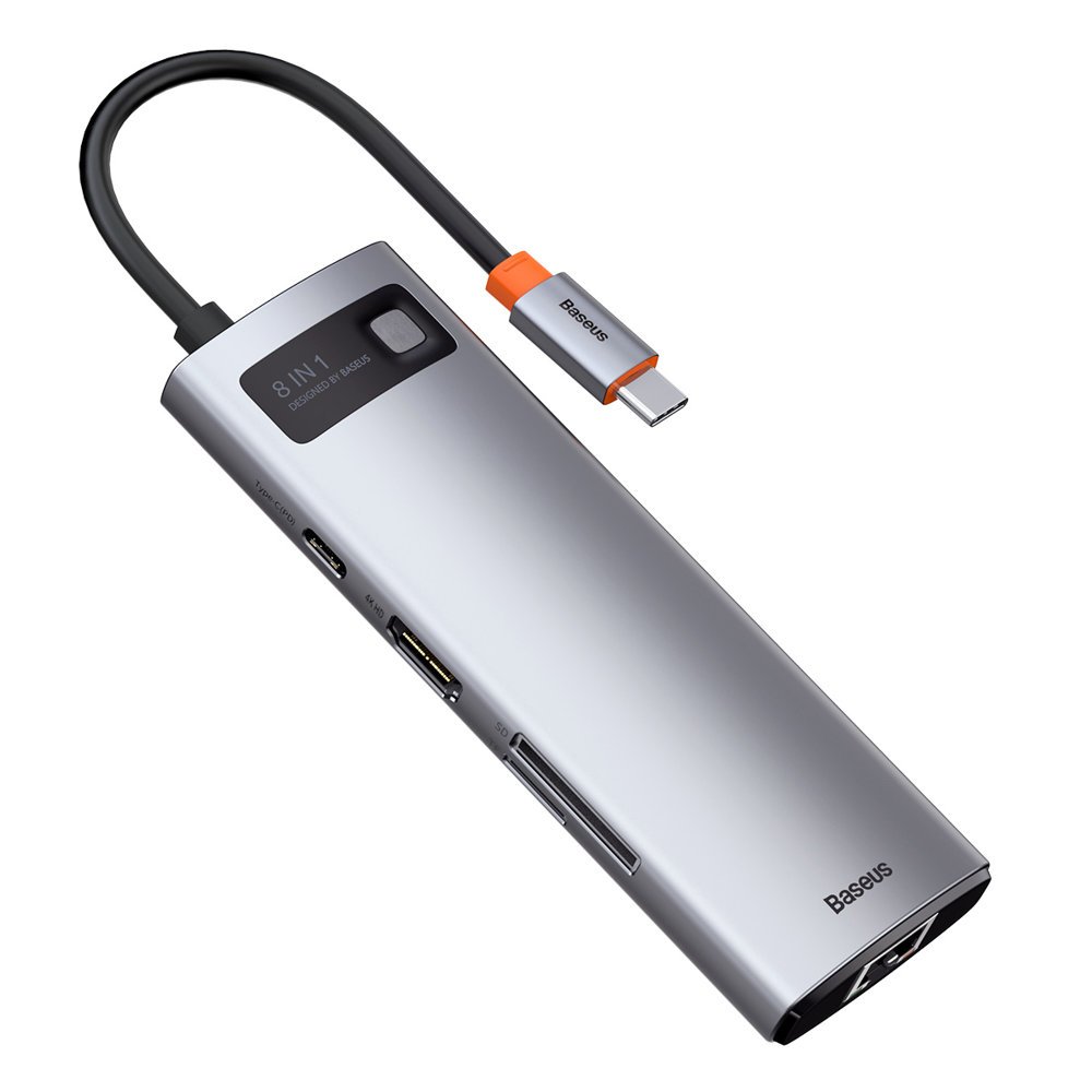 Baseus Metal Gleam 8 em 1 Hub Multifuncional USB Tipo C - USB Tipo C Power Delivery 100 W / HDMI 4K 30 Hz / leitor de cartões SD e microSD / 3x USB 3.2 Gen 1 / RJ45 1 Gbps Cinza (CAHUB-CV0G)