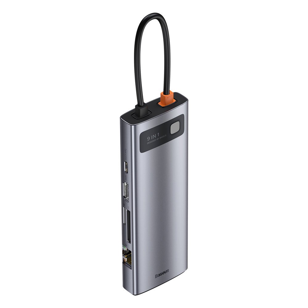 HUB Baseus Metal Gleam 9 em 1 USB-C - 3x USB 3.2 Gen 1 / USB-C PD 100W / VGA / HDMI / leitor de cartões TF, SD / RJ45 - cinza (CAHUB-CU0G)